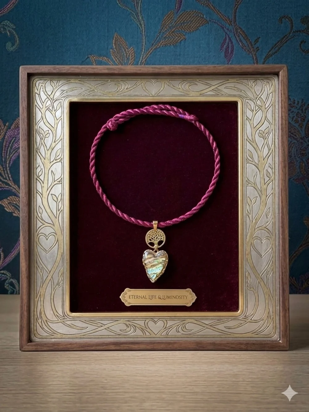Abalone Gold Tree of Life Heart Pendant Necklace on Burgundy Cord